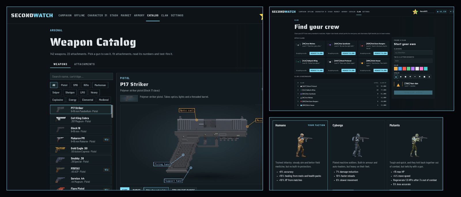 The headquarters: the weapon catalog, clans and factions