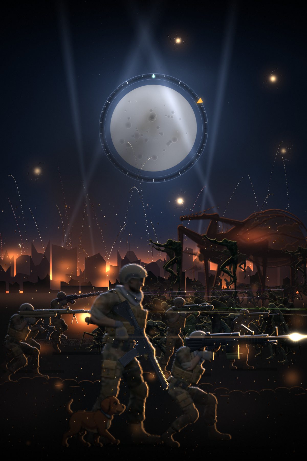 Key art: marines under a full moon set in a watch bezel, holding the line against a horde in front of a burning city